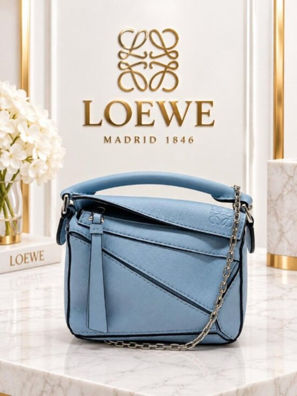 Authentic LOEWE Puzzle Bag Blue Leather Top Handle Chain Crossbody Luxury